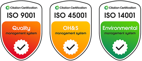 Three certification badges labeled ISO 9001 (Quality management system), ISO 45001 (OH&S management system), and ISO 14001 (Environmental management system), each with a check mark.