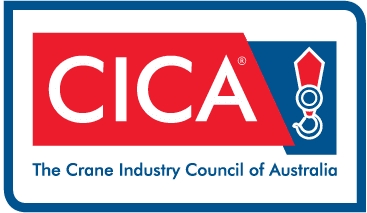 CICA logo with white text on a red rectangle, a stylized crane hook symbol on a blue background, and the words "The Crane Industry Council of Australia" below.