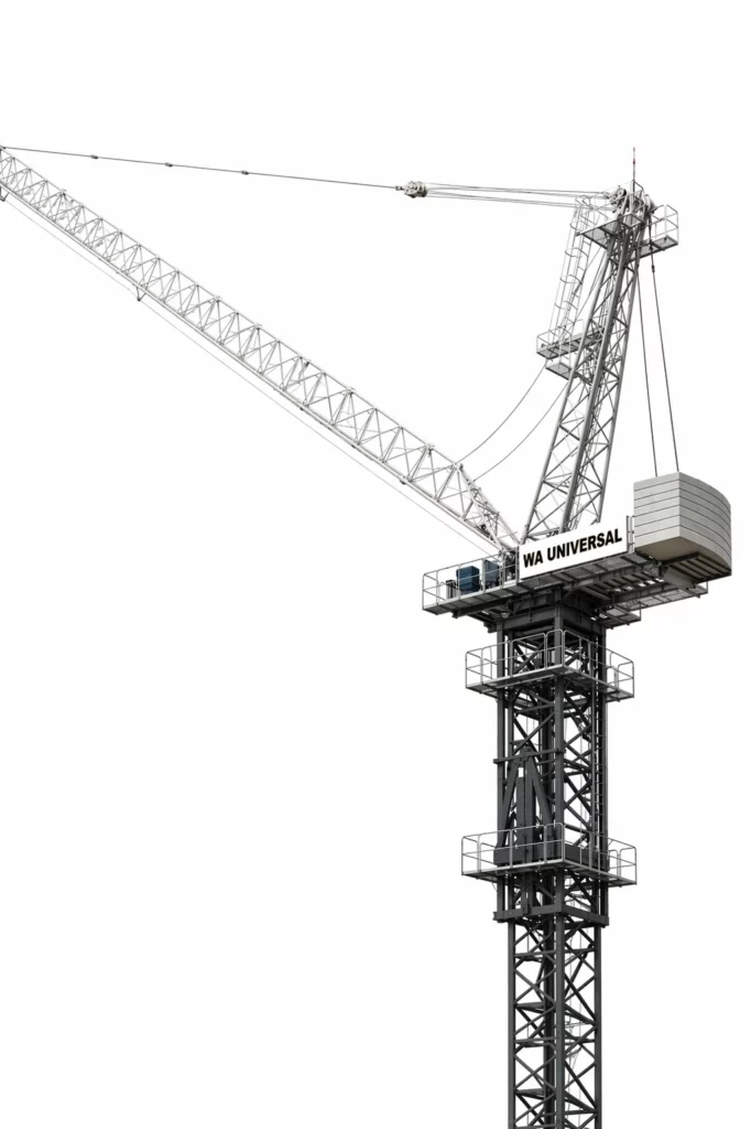 A tall construction crane with "WA UNIVERSAL" on its side, featuring a long horizontal arm and a large counterweight, stands against a white background.