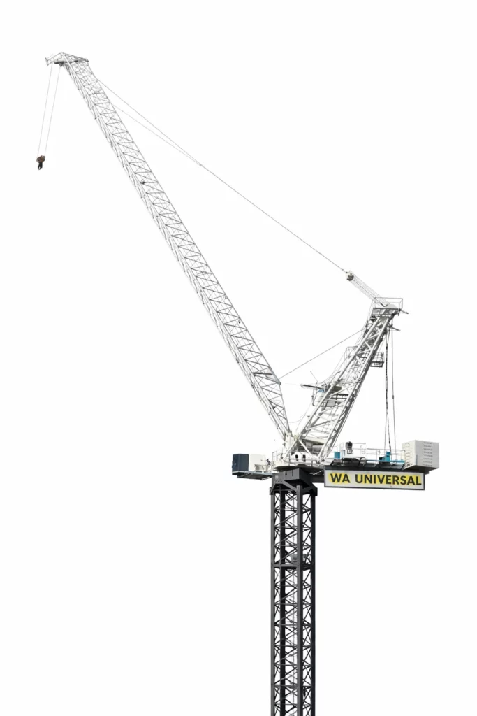 A large construction crane with a long angled boom and a yellow sign reading "WA UNIVERSAL," isolated on a white background.