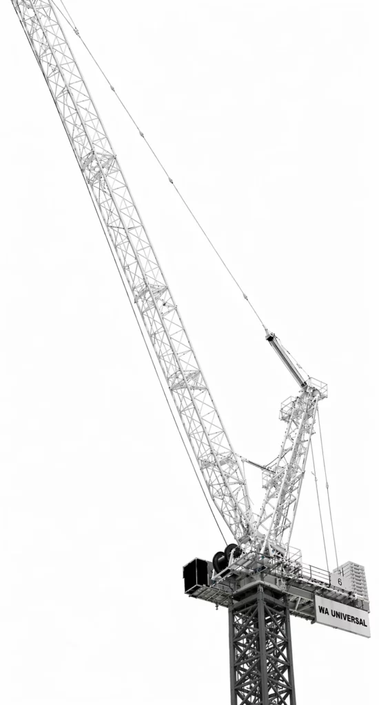 A tall construction crane with a lattice boom extends diagonally upward against a white sky. The crane's cabin and base display the sign "WA UNIVERSAL.