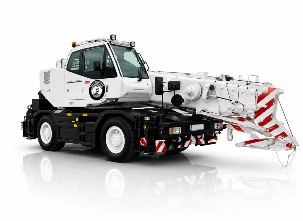 A white mobile crane truck with a telescopic boom, black chassis, and red-and-white safety stripes on the boom, shown on a white background.