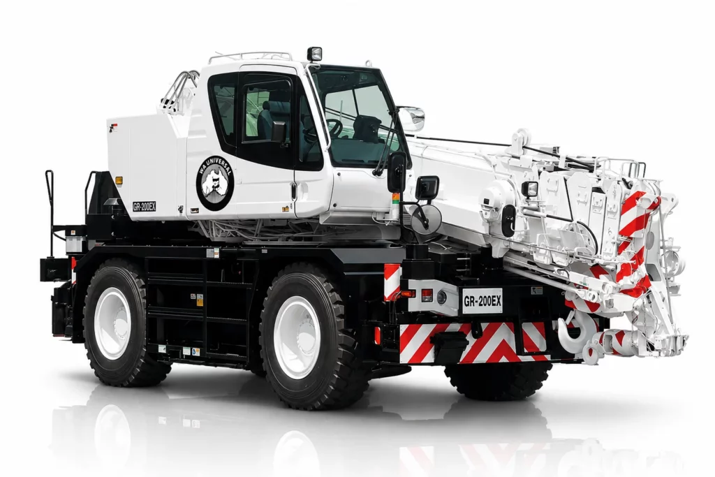 A white and black mobile crane truck with large tires and an extended boom, labeled GR-200EX, is shown on a white background with red and white safety striping on the front.