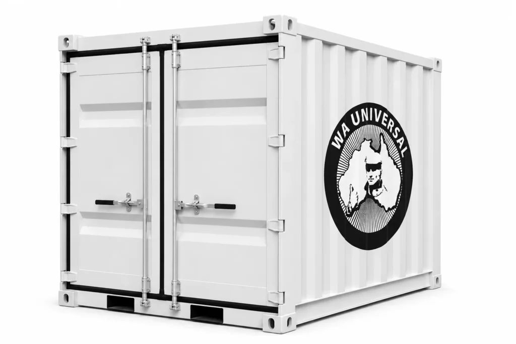 A white shipping container with metal hinges and handles. On the right side, there is a large circular logo featuring a llama and the text "VIA UNIVERSAL.