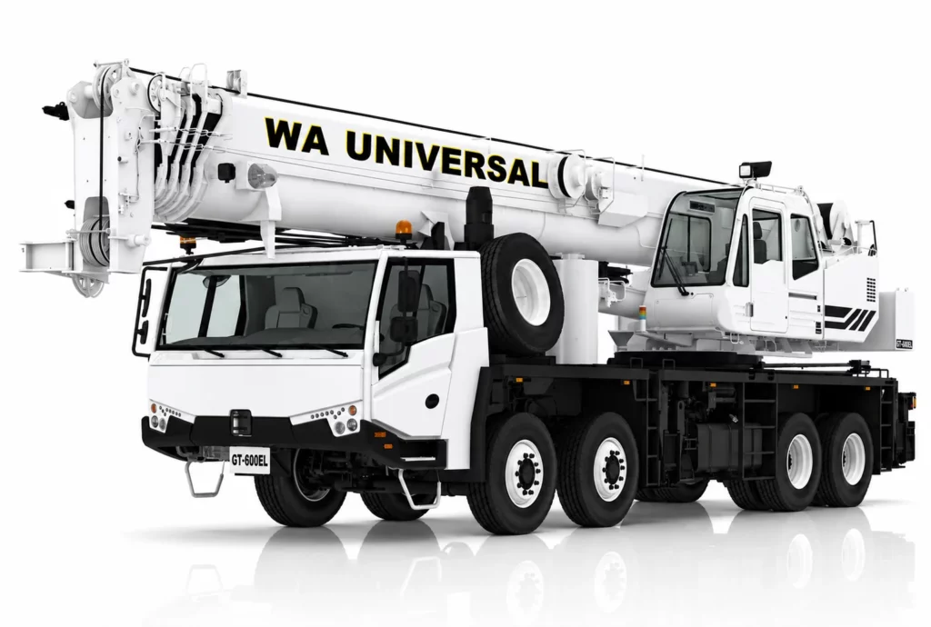 A large white mobile crane truck with "WA UNIVERSAL" written on the extended crane arm, isolated on a white background. The crane has multiple tires and a cab for the operator.