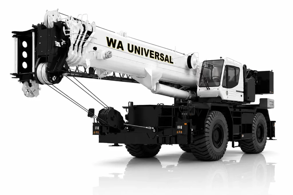 A large mobile crane with "WA UNIVERSAL" printed on its white telescopic boom, featuring a black chassis, large tires, and an operator cabin against a white background.