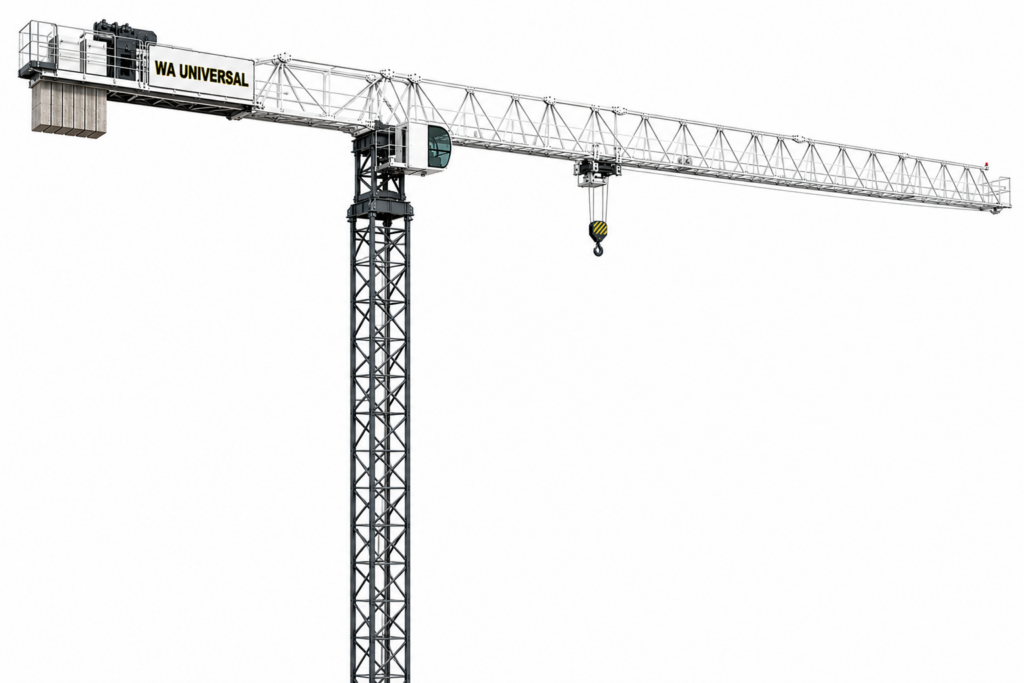 A tall construction tower crane with a long horizontal arm and a hanging hook, labeled "WA UNIVERSAL," isolated on a white background.