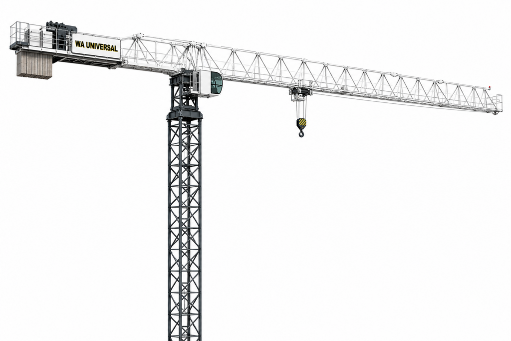 A tall tower crane with a lattice boom and a hanging hook, labeled "WA UNIVERSAL," isolated on a white background.