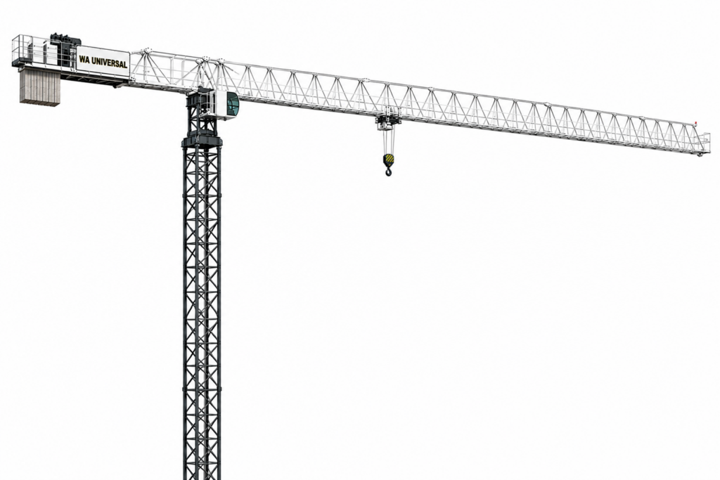 A tall construction crane with a lattice structure tower and a long horizontal jib arm, photographed against a plain white background. The crane has a hanging hook and a sign labeled "VA UNIVERSAL.