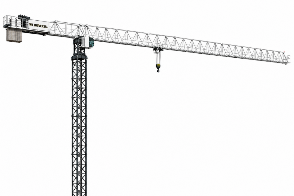 A tall, metal construction crane with a long horizontal arm and a hanging hook extends to the right against a white background. The crane's operator cabin and counterweights are visible on the left side.