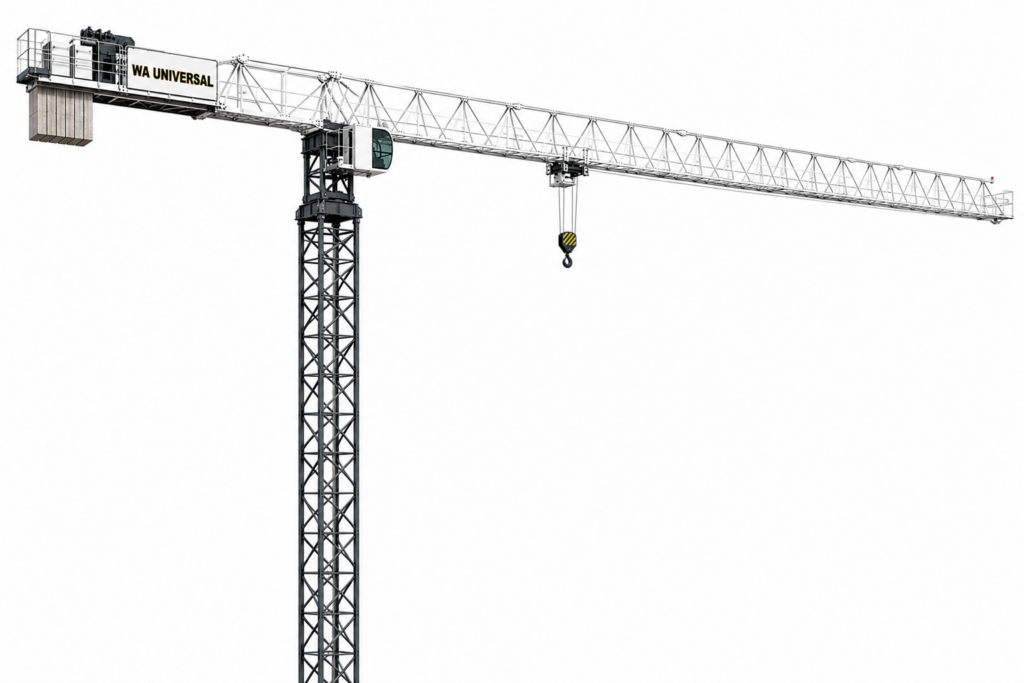 A tall construction tower crane with a lattice structure, a long horizontal jib, a suspended hook, and a control cabin, isolated on a white background.