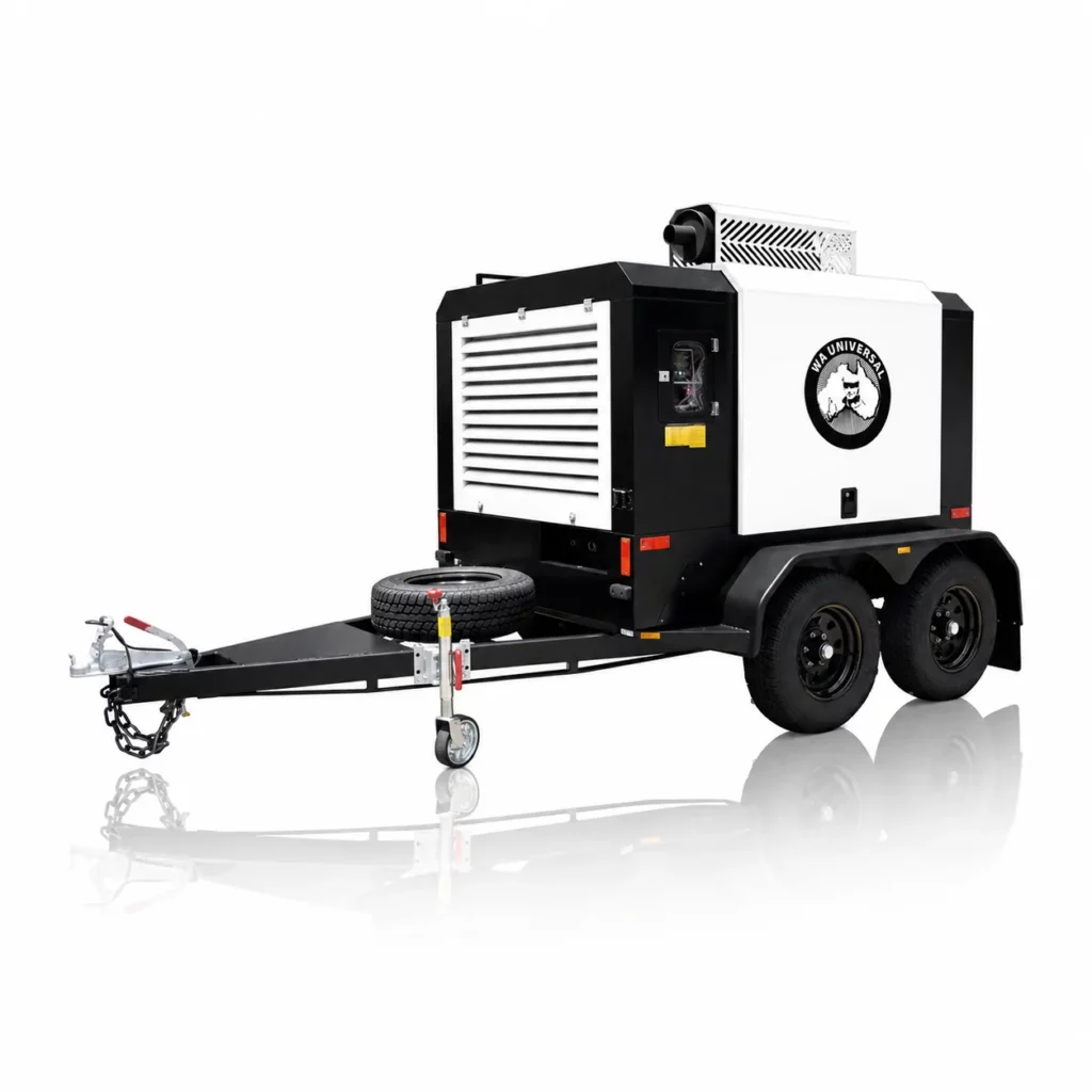 A black and white industrial generator on a dual-axle trailer with a spare tire, cooling vents, and a logo featuring a bulldog on the side. The trailer has a tow hitch and support wheel in front.