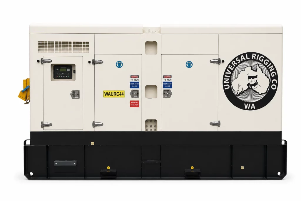 A large white industrial generator with control panel, labeled stickers, and "Universal Rigging Co WA" logo featuring a dog on the right side. The generator sits on a black base.