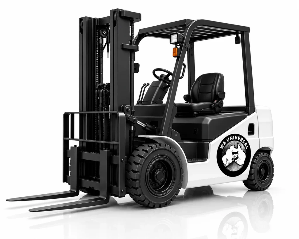 A black and white forklift with large tires and a protective overhead guard, featuring a “MR UNIVERSAL” logo with a bearded man’s face on the side panel, displayed on a white background.