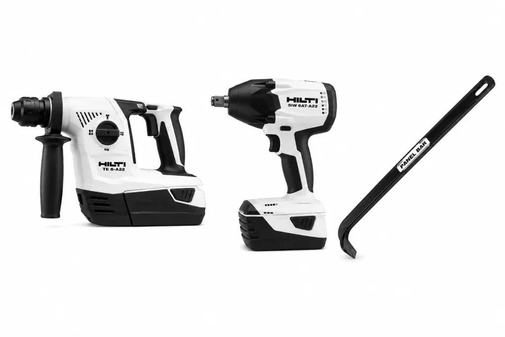 Three Hilti power tools on a white background: a rotary hammer drill, an impact driver, and a flat crowbar labeled “Prybar 625.” All tools are black and white.