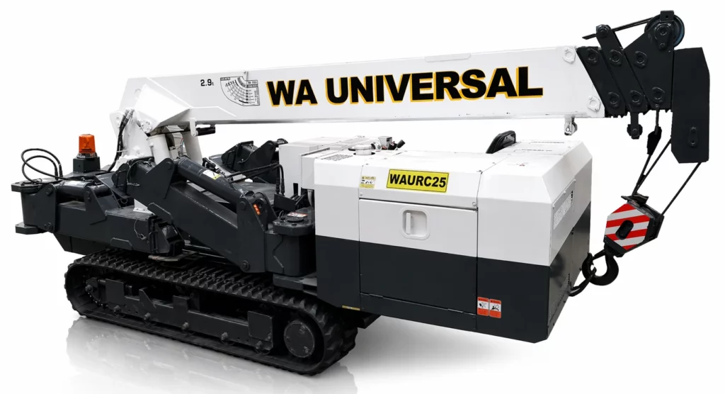 A compact, white and black crawler crane with "WA UNIVERSAL" and "WAURC25" written on it, featuring a telescopic arm, hook, and orange warning light, isolated on a white background.