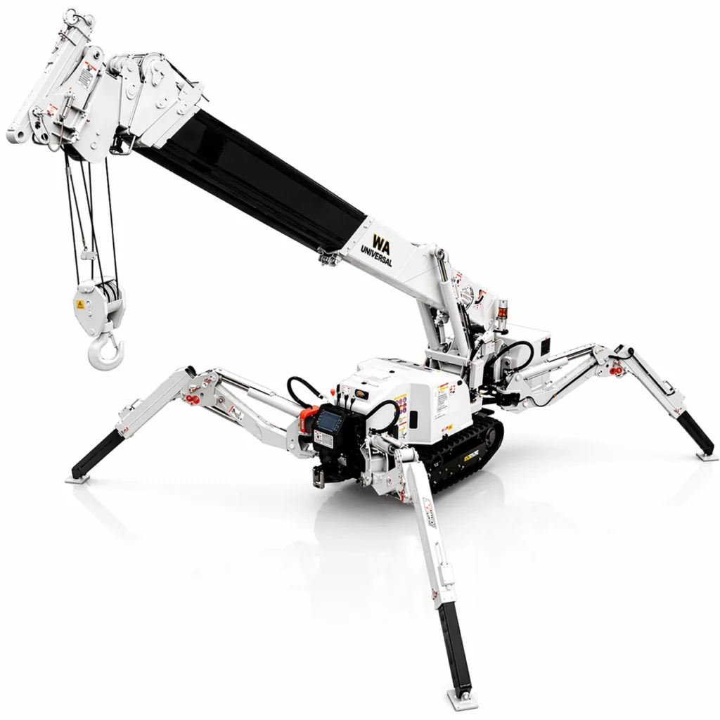 A white compact spider crane with four adjustable legs and a telescopic boom arm, featuring a hook at the end. The crane has tracks for movement and the label "WA" is visible on the side.