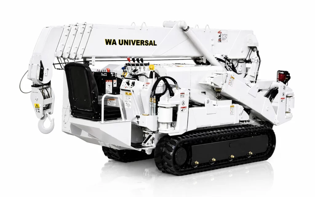 A compact white crawler crane labeled "WA Universal" with black tracks, operator controls, hydraulic lines, and a hook for lifting, shown against a plain white background.