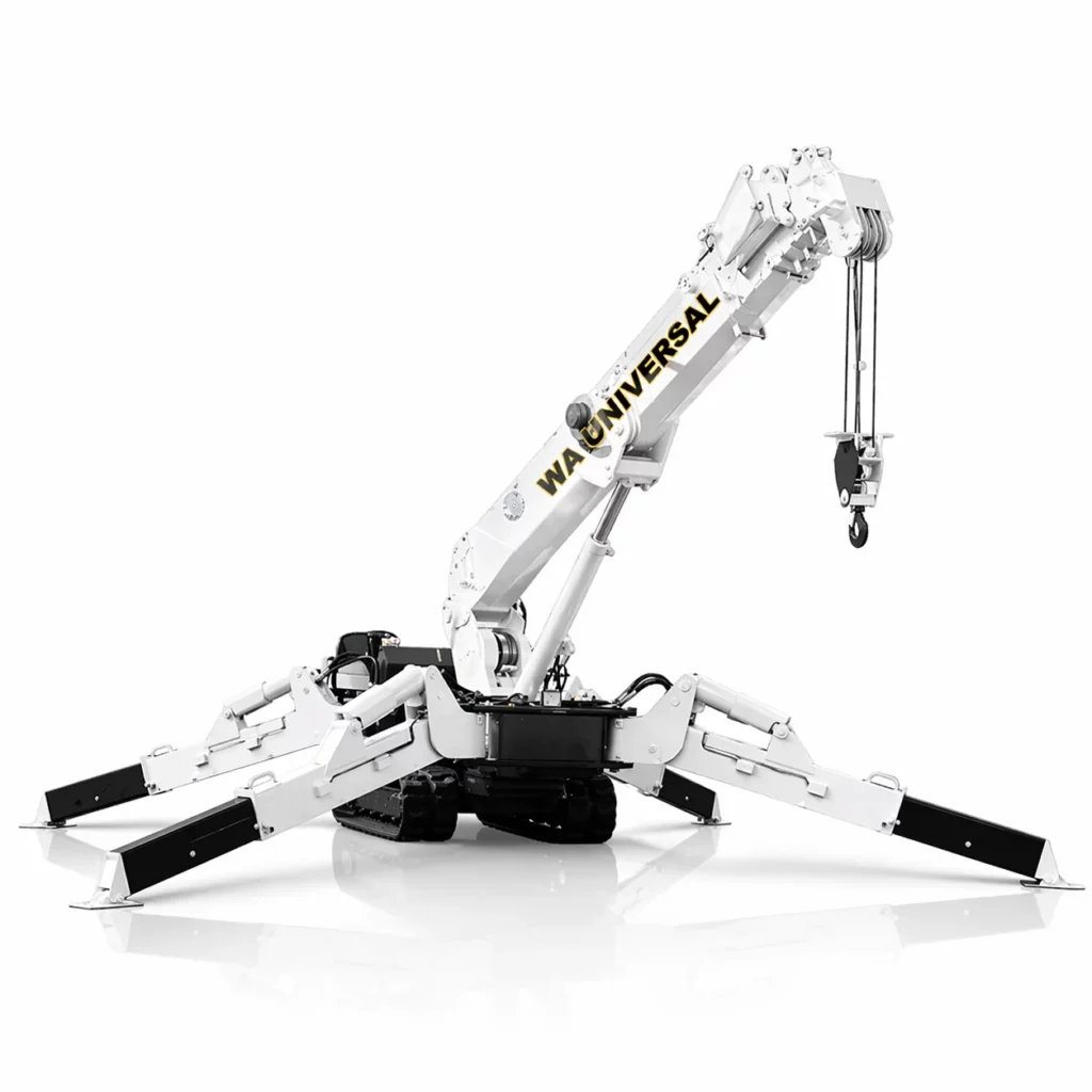 A compact, white hydraulic mini crane with "WGL UNIVERSAL" written on its arm, extended stabilizer legs, caterpillar tracks, and a lifting hook at the end of its telescoping boom.