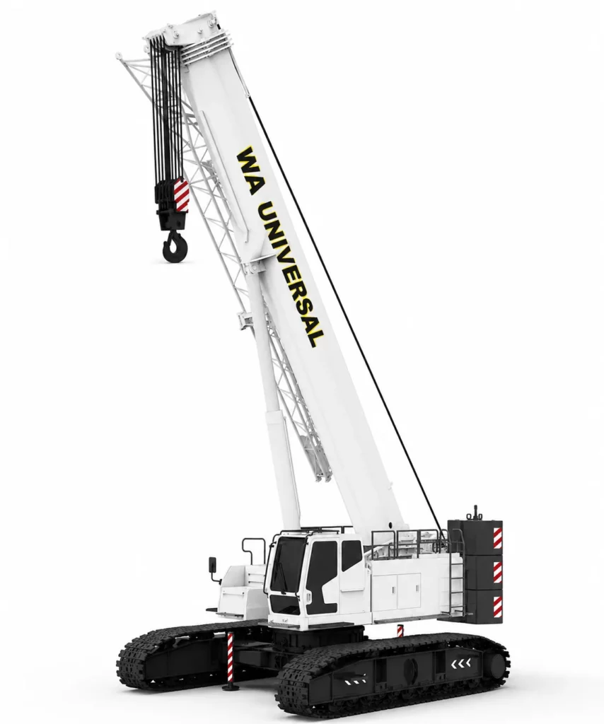 A large white mobile crane with black crawler tracks and a long angled boom labeled "WA UNIVERSAL" in yellow letters, isolated on a white background.