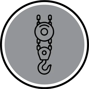 Black and white icon of a pulley system with a hook suspended by chains, centered within a gray circle bordered by a black and white outline.