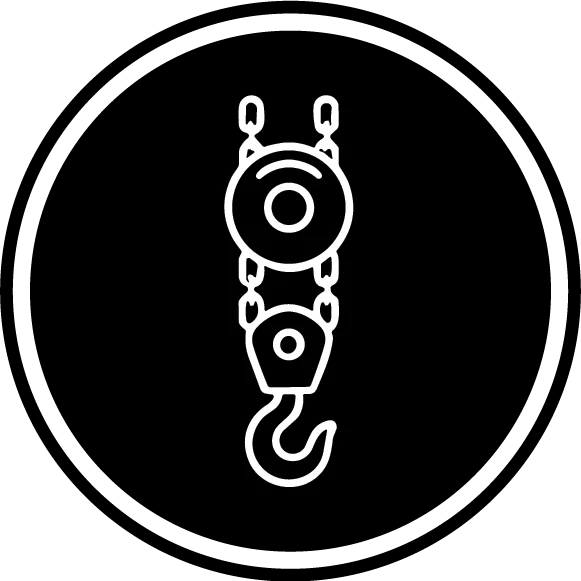 A black circular icon with a white outline of a chain hoist, featuring a chain, pulley, and hook hanging downward in the center.