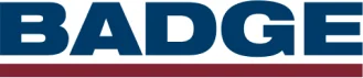 The image displays the word "BADGE" in bold, blue uppercase letters with a thick maroon line underneath on a white background.