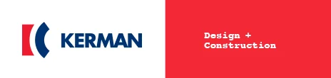 Kerman logo with a blue and red abstract symbol and "KERMAN" in bold blue text on a white background; "Design + Construction" in white text on a red background.
