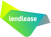 Lendlease logo featuring the company name in white lowercase letters on a green and blue geometric shape with a yellow accent in the background.