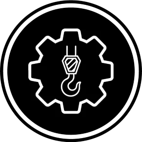 A black circular icon with a white outline of a gear in the center. Inside the gear is a hook hanging from a pulley, representing mechanical or industrial equipment.
