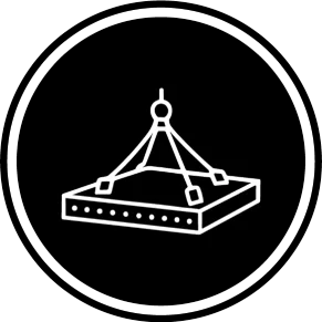 A black circle with a white outline contains a simple white line drawing of a large rectangular object being lifted by cables attached to a central hook, indicating heavy lifting or suspended load.