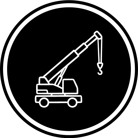 White outline of a mobile crane truck with an extended arm and hook, centered on a black circular background bordered by a white dashed line.