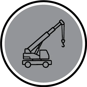 Black line drawing of a mobile crane truck with an extended arm and hook, set against a solid gray circular background.