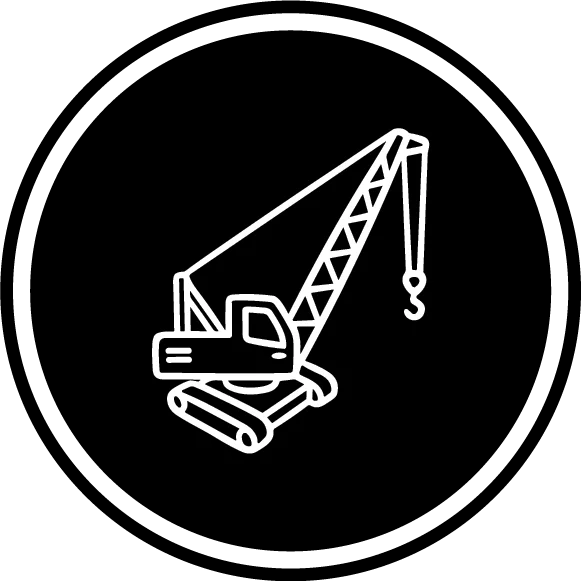 White outline illustration of a construction crane with a long boom and hook, set against a solid black circular background with a dotted border.