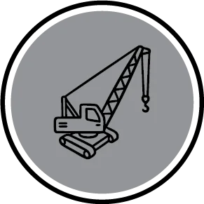 Black outline icon of a crawler crane with a lattice boom and hook on a gray circular background.