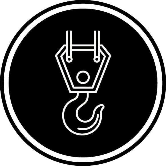 A white line drawing of a crane hook inside a black circle with a white border. The design is simple and geometric, representing heavy lifting or construction equipment.