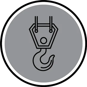 A black line drawing of an industrial crane hook inside a gray circle with a double black border.