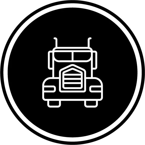 White line drawing of a semi-truck front view centered on a solid black circular background with a thin white border.