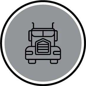 Black outline of a semi-truck viewed from the front, centered on a solid gray circular background.