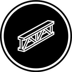 A white icon of a steel beam with lattice support design, centered on a black circular background with a white border.