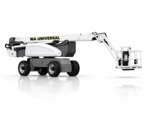 A white and gray mobile boom lift with four large wheels and an extended articulated arm, featuring a safety basket at the end and "WA UNIVERSAL" written on the arm.