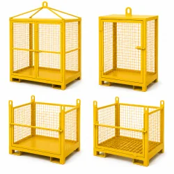 Four yellow metal safety cages with mesh sides, designed for lifting or transporting materials. Each cage is shown from a different angle or with slight design variations, all with open tops and sturdy bases.