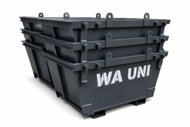 Three stacked industrial metal dumpsters painted dark gray, with the text "WA UNI" stenciled in white on the front dumpster, isolated on a white background.