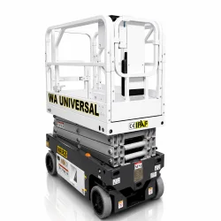A white mobile scissor lift platform with guardrails, labeled "WA UNIVERSAL" and "IPAF," used for safely elevating workers to access high areas.