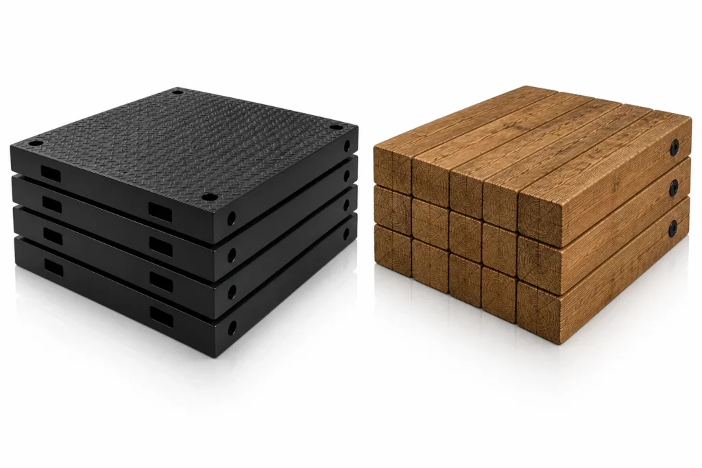 Two stacks of blocks on a white background: the left stack consists of four black, textured, square blocks with side holes, and the right stack consists of eight brown, rectangular wooden blocks with side holes.