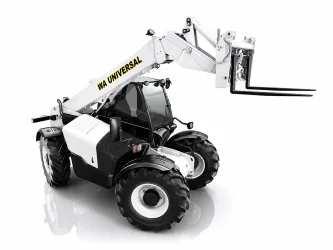 A white and black telescopic forklift with large tires and an extended boom labeled "MA UNIVERSAL," equipped with fork attachments, shown on a white background.