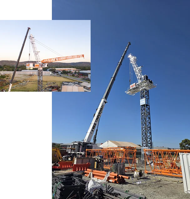 A large crane lifts and assembles sections of a tall, metal tower crane at a construction site under a clear blue sky. Construction materials and equipment are visible on the ground. Inset shows a wider view of the same process.