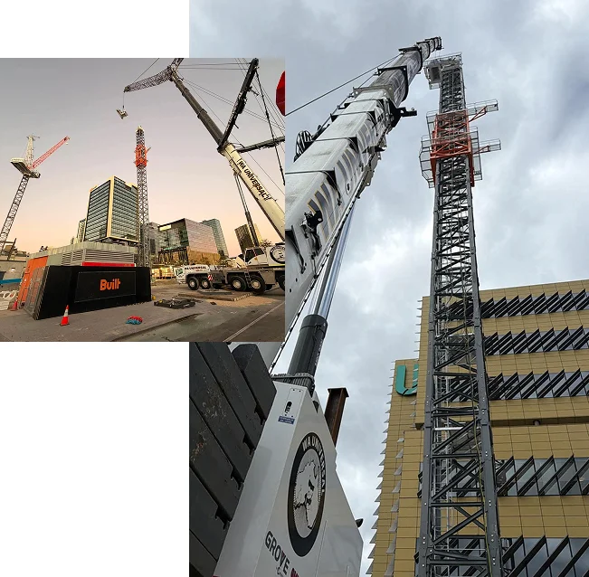 Two images of a city construction site with cranes. One shows cranes and construction equipment among modern buildings at sunset. The other looks up at a tall crane tower against a cloudy sky and nearby yellow building.