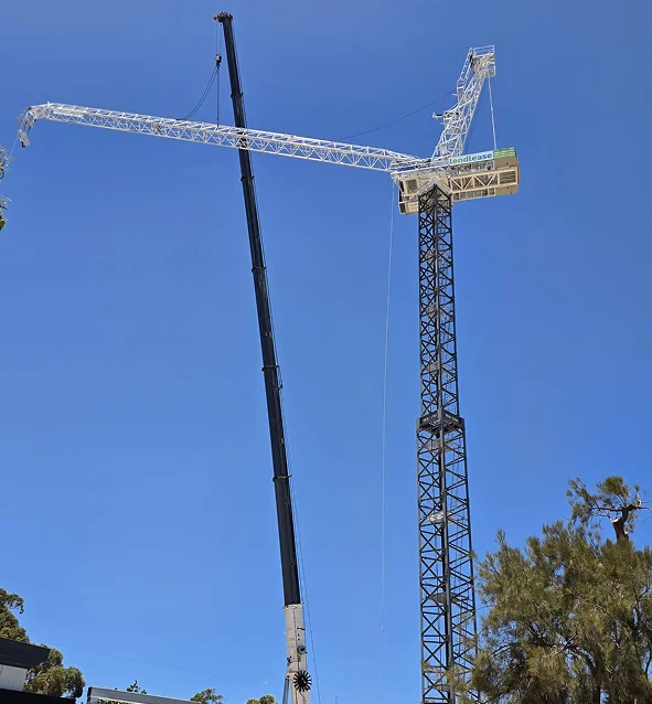 A tall construction crane towers against a clear blue sky, with a black mobile crane positioned beside it. Green trees are visible at the bottom right and left corners of the image.