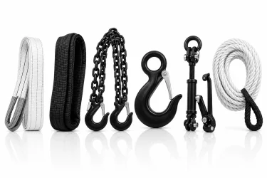 A lineup of towing equipment including two fabric straps, metal chains with hooks, a large hook, a turnbuckle, a smaller hook, and a coiled rope, all displayed vertically on a white background.